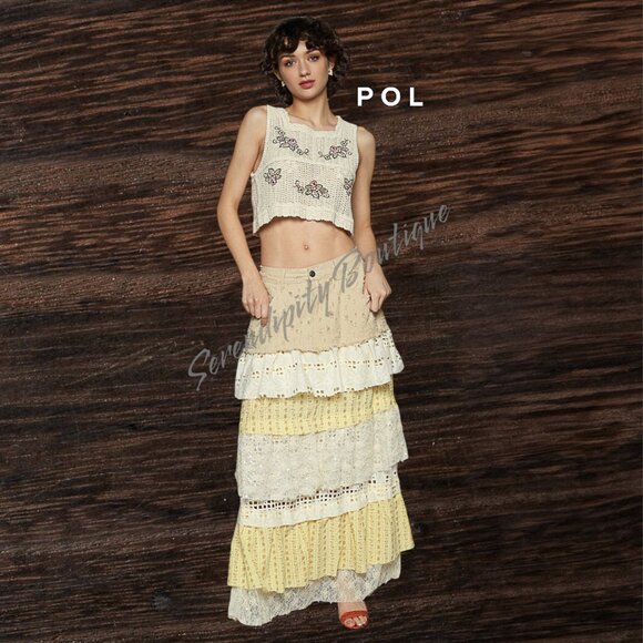 POL Crochet Delicate Floral Embroidered Soft Natural Open Knit Sleeveless Crop T - Picture 3 of 11